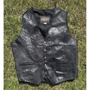 Concept Leather Vest XL Black Snap Buttons Fabric Back Lightweight Western Biker